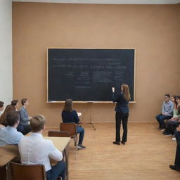 A group of students attending a drawing lecture in a luxurious university auditorium, with a teacher explaining geometric shapes on a large chalkboard.