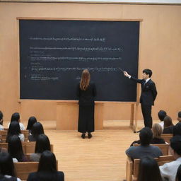 The large chalkboard in a luxurious university auditorium with a cube, cylinder, and pyramid drawn on it, surrounded by students and a teacher explaining.