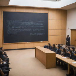 The large chalkboard in a luxurious university auditorium with a cube, cylinder, and pyramid drawn on it, surrounded by students and a teacher explaining.