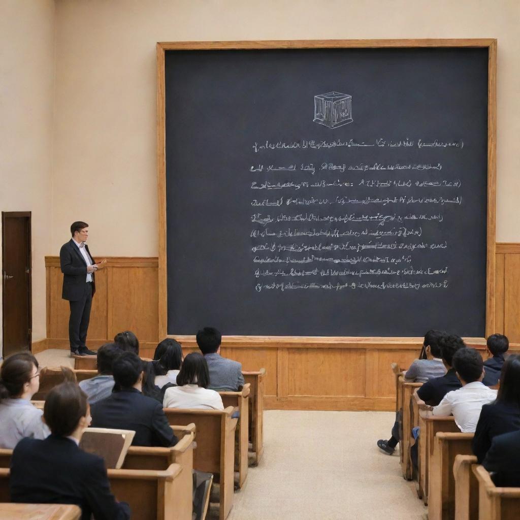 The large chalkboard in a luxurious university auditorium with a cube, cylinder, and pyramid drawn on it, surrounded by students and a teacher explaining.