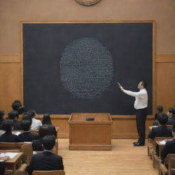 The large chalkboard in a luxurious university auditorium with a cube, cylinder, and pyramid drawn on it, surrounded by students and a teacher explaining.