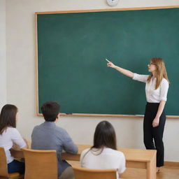 In the luxurious university auditorium, a teacher is explaining the drawing of a cube on the large chalkboard to attentive students.