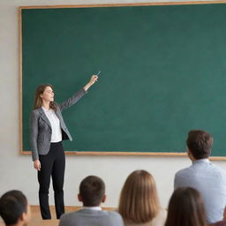 In the luxurious university auditorium, a teacher is explaining the drawing of a cube on the large chalkboard to attentive students.