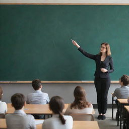 In the luxurious university auditorium, a teacher is explaining the drawing of a cube on the large chalkboard to attentive students.