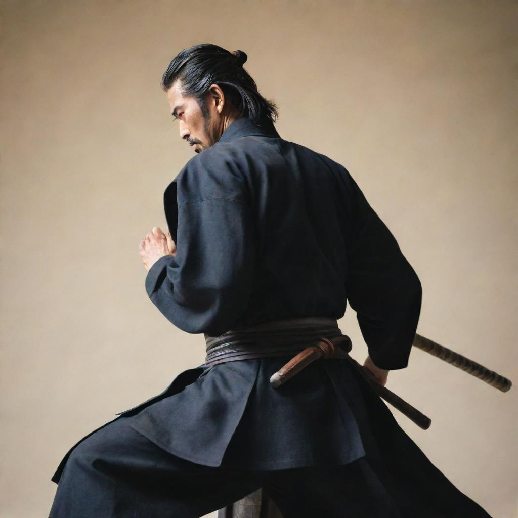 A dynamic scene of a samurai with his back towards the viewer, engaged in intense combat.