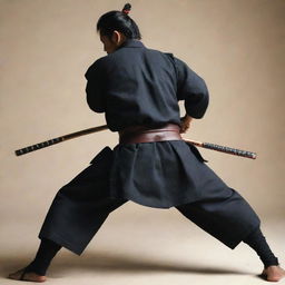 A dynamic scene of a samurai with his back towards the viewer, engaged in intense combat.