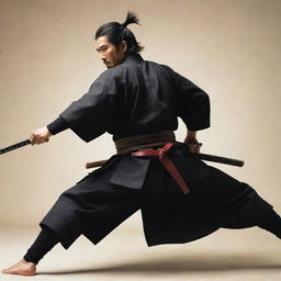 A dynamic scene of a samurai with his back towards the viewer, engaged in intense combat.