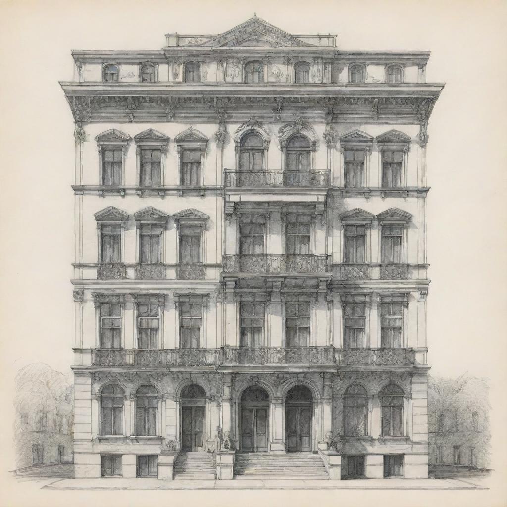 An architectural sketch of a four-story building with meticulous detailing.