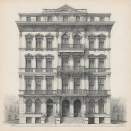 An architectural sketch of a four-story building with meticulous detailing.