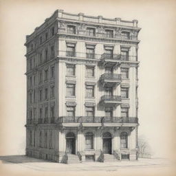 An architectural sketch of a four-story building with meticulous detailing.