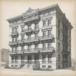 An architectural sketch of a four-story building with meticulous detailing.