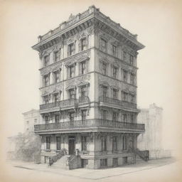 An architectural sketch of a four-story building with meticulous detailing.