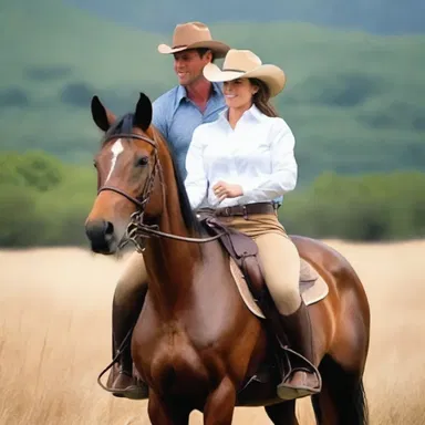 In their romantic getaway, the couple went horseback riding and the gentleman playfully tapped his partner's thigh with his hunting crop.