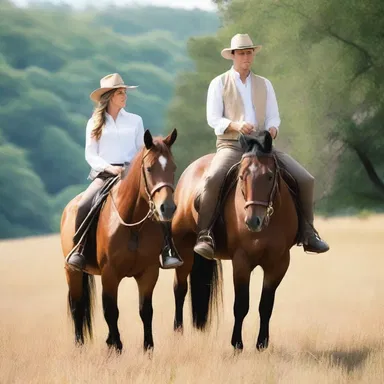 In their romantic getaway, the couple went horseback riding and the gentleman playfully tapped his partner's thigh with his hunting crop.