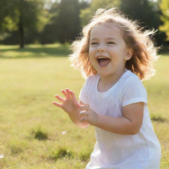 A joyful child happily playing outdoors on a sunny day.