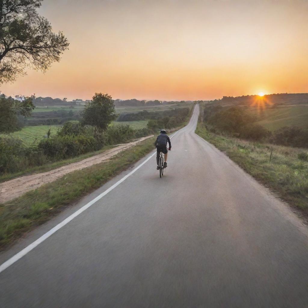 An expressive scene of a bicycle smoothly cruising along a winding road at sunset