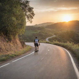 An expressive scene of a bicycle smoothly cruising along a winding road at sunset