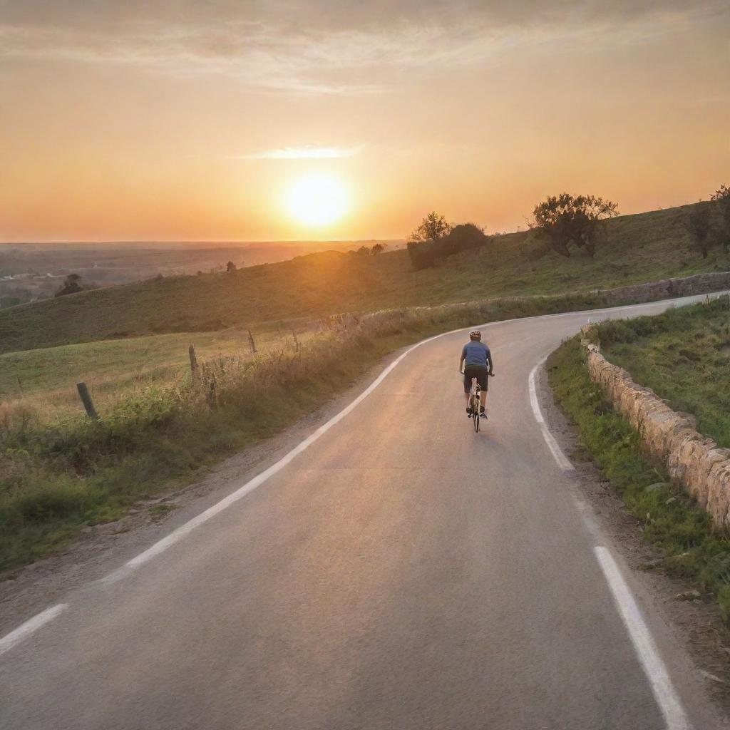 An expressive scene of a bicycle smoothly cruising along a winding road at sunset