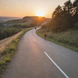 An expressive scene of a bicycle smoothly cruising along a winding road at sunset