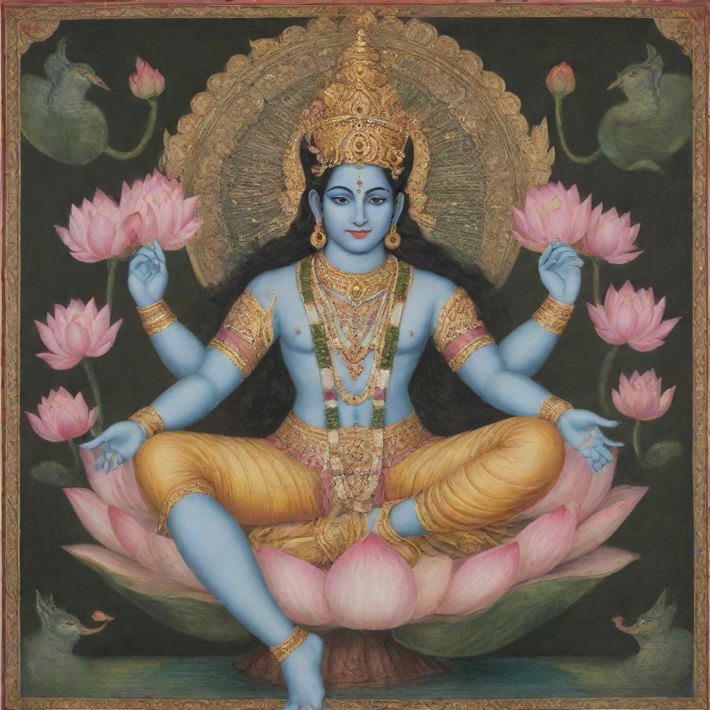 A sacred and serene depiction of Hindu deity, Lord Vishnu, adorned in traditional attire, seated majestically on his serpent throne Ananta Shesha, with a lotus blossoming at the navel.