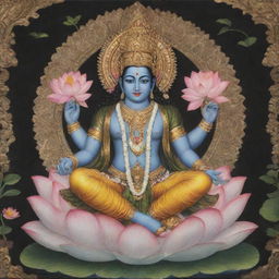 A sacred and serene depiction of Hindu deity, Lord Vishnu, adorned in traditional attire, seated majestically on his serpent throne Ananta Shesha, with a lotus blossoming at the navel.