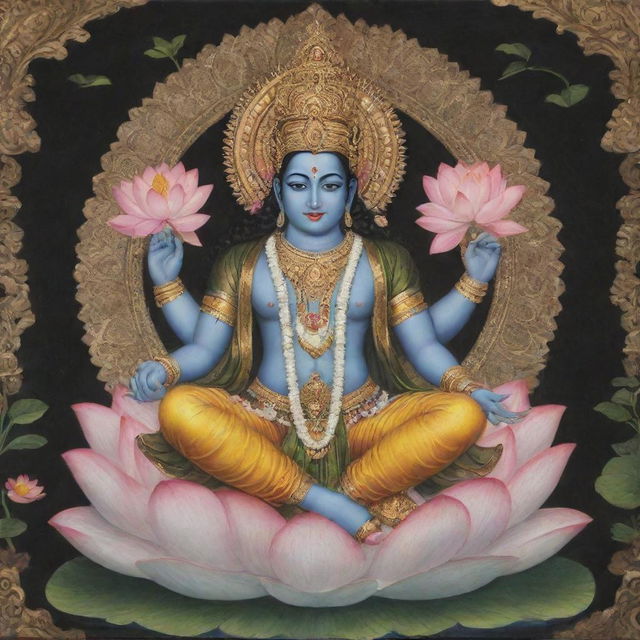 A sacred and serene depiction of Hindu deity, Lord Vishnu, adorned in traditional attire, seated majestically on his serpent throne Ananta Shesha, with a lotus blossoming at the navel.