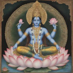 A sacred and serene depiction of Hindu deity, Lord Vishnu, adorned in traditional attire, seated majestically on his serpent throne Ananta Shesha, with a lotus blossoming at the navel.