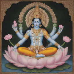 A sacred and serene depiction of Hindu deity, Lord Vishnu, adorned in traditional attire, seated majestically on his serpent throne Ananta Shesha, with a lotus blossoming at the navel.