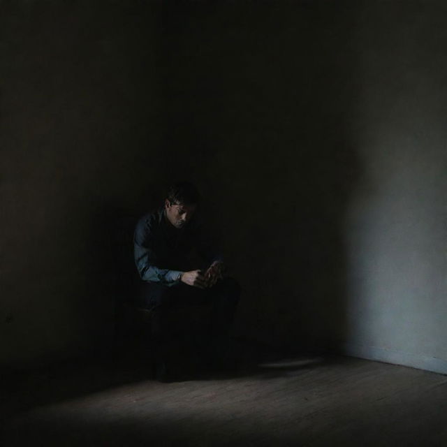 Generate an image of a man sitting alone in a dimly lit room; the faint light revealing his weary face and desolate eyes. The simplicity of his chair hints at his solitude and detachment. Shadowy shapes intertwine, creating a mysterious atmosphere that echoes tension and secrecy.