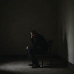 Generate an image of a man sitting alone in a dimly lit room; the faint light revealing his weary face and desolate eyes. The simplicity of his chair hints at his solitude and detachment. Shadowy shapes intertwine, creating a mysterious atmosphere that echoes tension and secrecy.