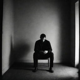 Generate an image of a man sitting alone in a dimly lit room; the faint light revealing his weary face and desolate eyes. The simplicity of his chair hints at his solitude and detachment. Shadowy shapes intertwine, creating a mysterious atmosphere that echoes tension and secrecy.