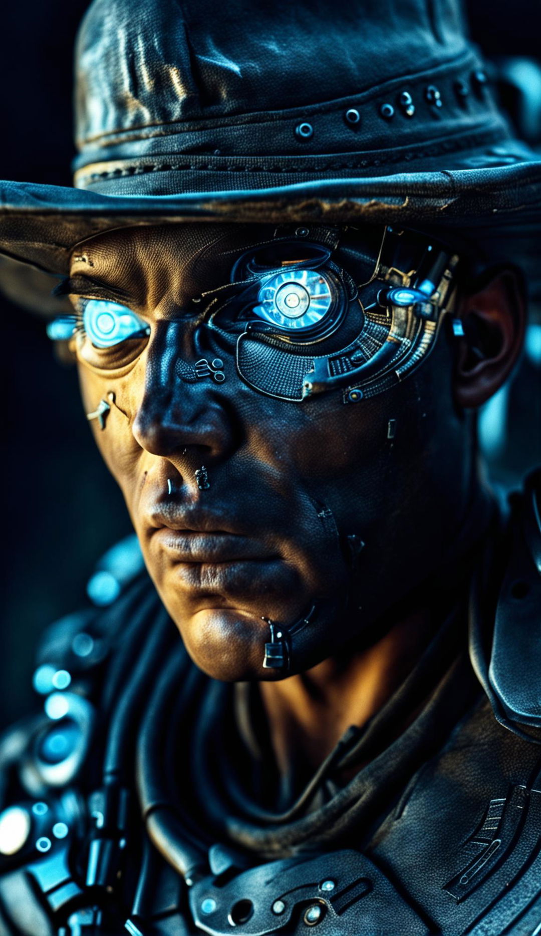 Ultra-close up photograph of a handsome cowboy with precise, coherent features and realistic human skin, adorned with intricate cybernetic enhancements, including a cybernetic cowboy hat, in 32k resolution.