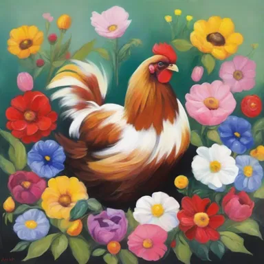 The painting portrayed a broody hen surrounded by vibrant flowers, symbolizing the nurturing and protective nature of motherhood.