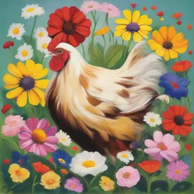 The painting portrayed a broody hen surrounded by vibrant flowers, symbolizing the nurturing and protective nature of motherhood.