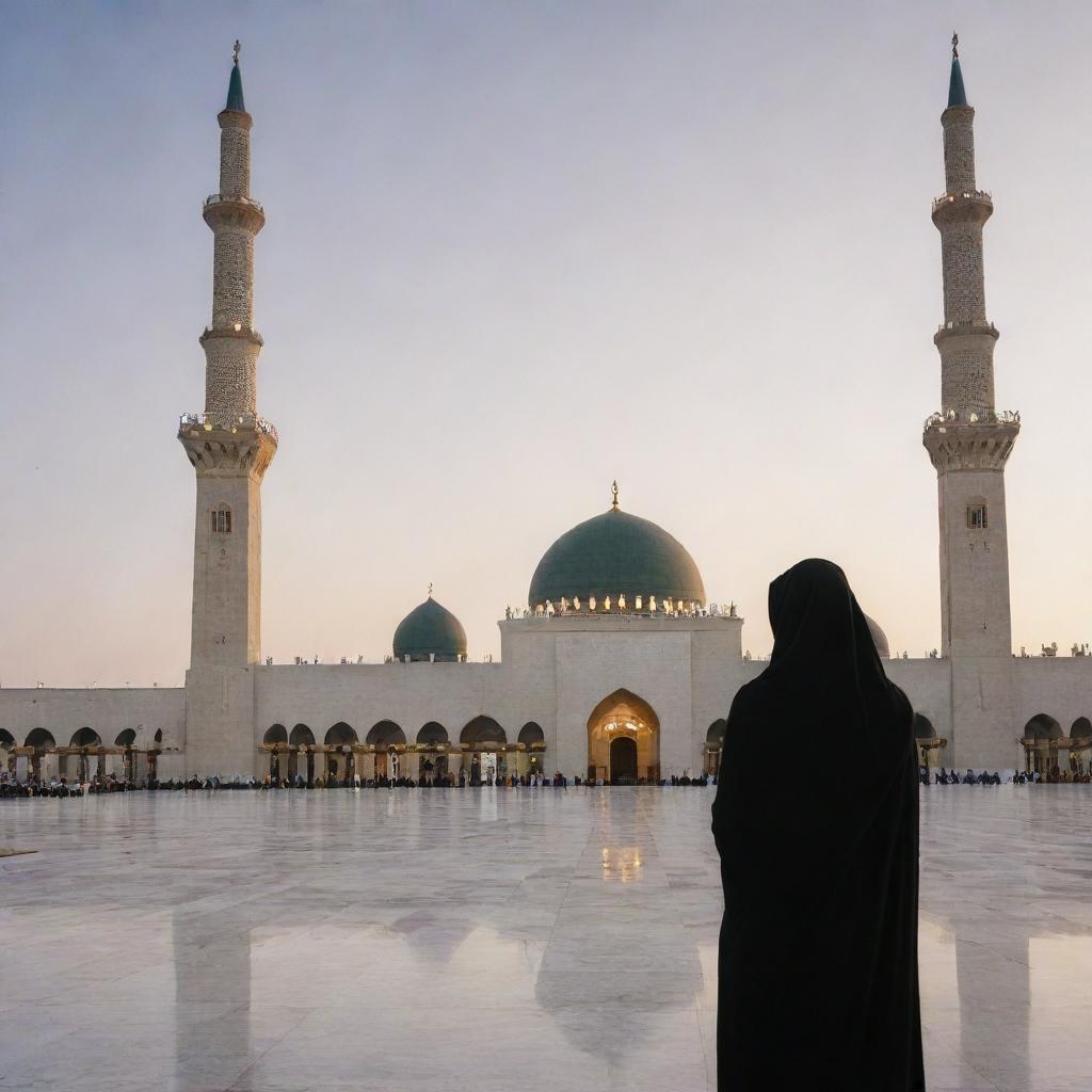 A woman in a black hijab facing the mosque in Madina, Saudi Arabia, at sunset