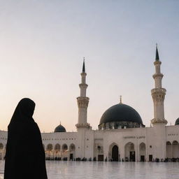 A woman in a black hijab facing the mosque in Madina, Saudi Arabia, at sunset