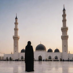 A woman in a black hijab facing the mosque in Madina, Saudi Arabia, at sunset