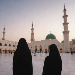 A woman in a black hijab facing the mosque in Madina, Saudi Arabia, at sunset