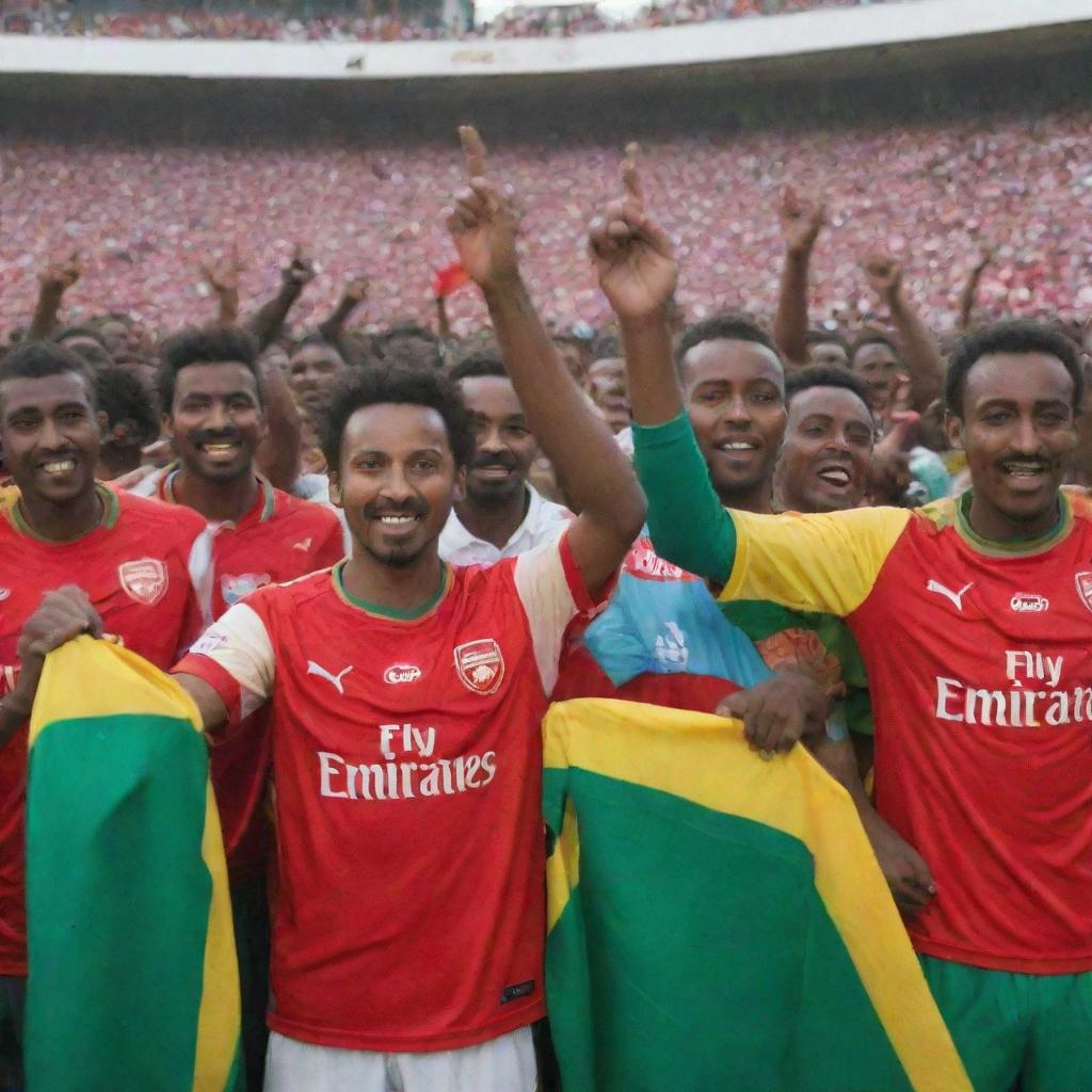 A group of Ethiopian Arsenal football fans, cheering enthusiastically, wearing vibrant Arsenal jerseys and holding a football.