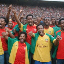 A group of Ethiopian Arsenal football fans, cheering enthusiastically, wearing vibrant Arsenal jerseys and holding a football.