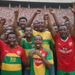 A group of Ethiopian Arsenal football fans, cheering enthusiastically, wearing vibrant Arsenal jerseys and holding a football.