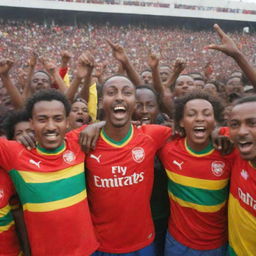 A group of Ethiopian Arsenal football fans, cheering enthusiastically, wearing vibrant Arsenal jerseys and holding a football.