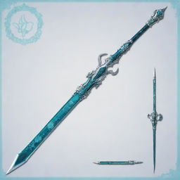 A detailed blueprint of the Iron Sting weapon from Genshin Impact. It's a delicate and intricate two-handed sword in shades of silver, adorned with ethereal teal blue embellishments.