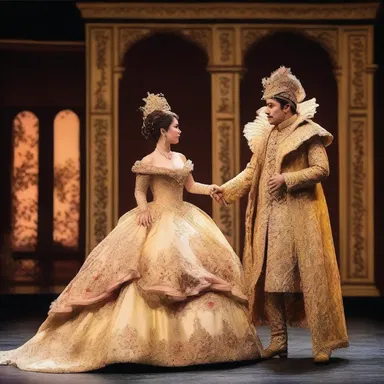 The talented actors playact on a beautiful stage, wearing exquisite costumes designed by a renowned fashion designer.