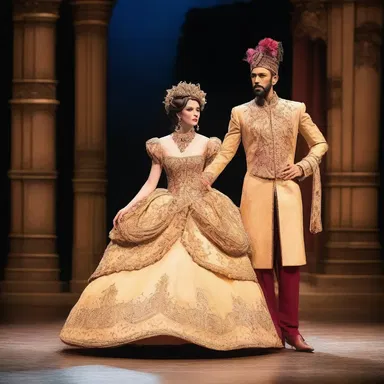 The talented actors playact on a beautiful stage, wearing exquisite costumes designed by a renowned fashion designer.