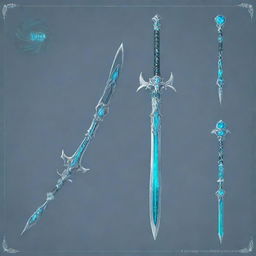 A detailed blueprint of the Iron Sting weapon from Genshin Impact. It's a delicate and intricate two-handed sword in shades of silver, adorned with ethereal teal blue embellishments.