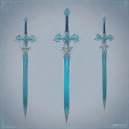 A detailed blueprint of the Iron Sting weapon from Genshin Impact. It's a delicate and intricate two-handed sword in shades of silver, adorned with ethereal teal blue embellishments.