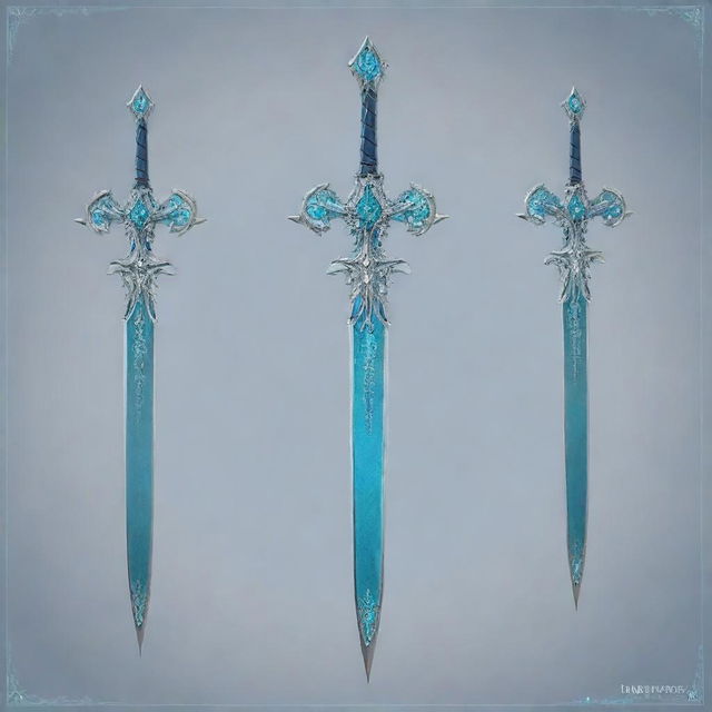 A detailed blueprint of the Iron Sting weapon from Genshin Impact. It's a delicate and intricate two-handed sword in shades of silver, adorned with ethereal teal blue embellishments.