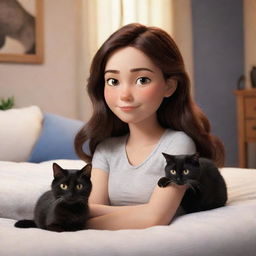 Disney Pixar style image of a comfortable scene featuring a brunette girl and her black and white cat