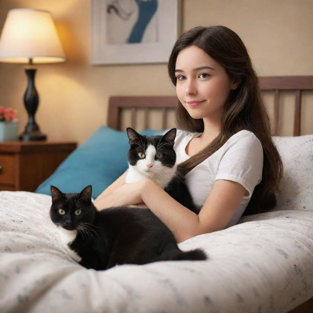 Disney Pixar style image of a comfortable scene featuring a brunette girl and her black and white cat